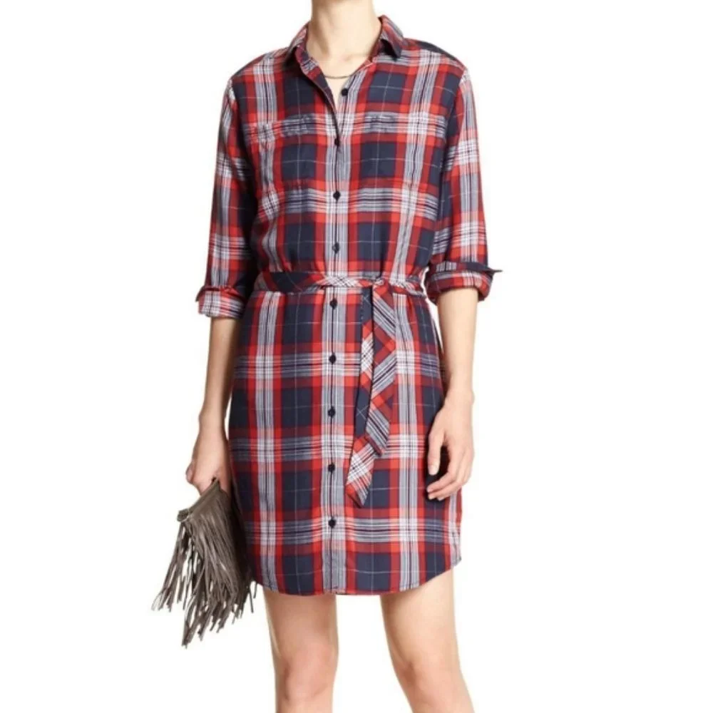 Banana Republic Plaid Long Sleeve Shirt Dress Red/Blue - Picture 1 of 11
